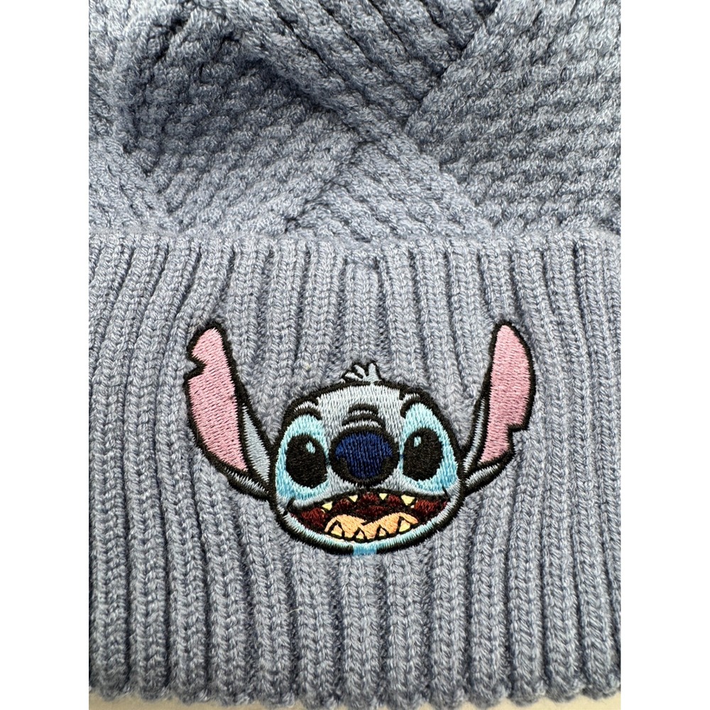Disney Lilo & Stitch Blue Cable Knit Beanie Faux Fur Pom Hat Bioworld OSFM - Picture 2 of 5